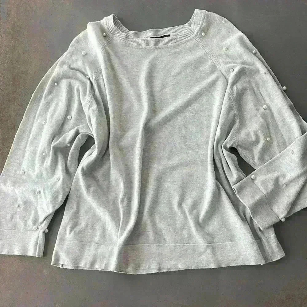 Zara Gray Knit Pearl Balloon Long Sleeve Crew Neck Pullover Sweater Size L
